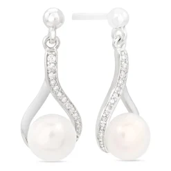 Ladies Sterling Silver with Cubic Zirconia and Freshwater Pearl Twist Top Drop Earrings
