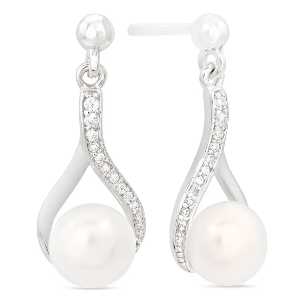 Ladies Sterling Silver with Cubic Zirconia and Freshwater Pearl Twist Top Drop Earrings