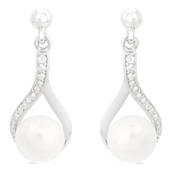 Ladies Sterling Silver with Cubic Zirconia and Freshwater Pearl Twist Top Drop Earrings
