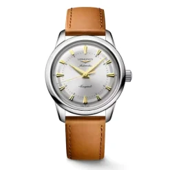Longines Conquest Heritage 38mm Silver Dial Brown Leather Strap Watch