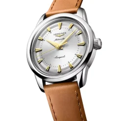 Longines Conquest Heritage 38mm Silver Dial Brown Leather Strap Watch