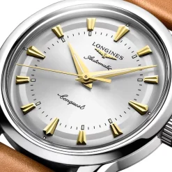 Longines Conquest Heritage 38mm Silver Dial Brown Leather Strap Watch