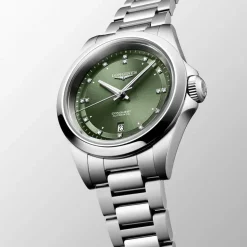 Longines Conquest 30mm Green Dial Diamond Dots Steel Bracelet Watch