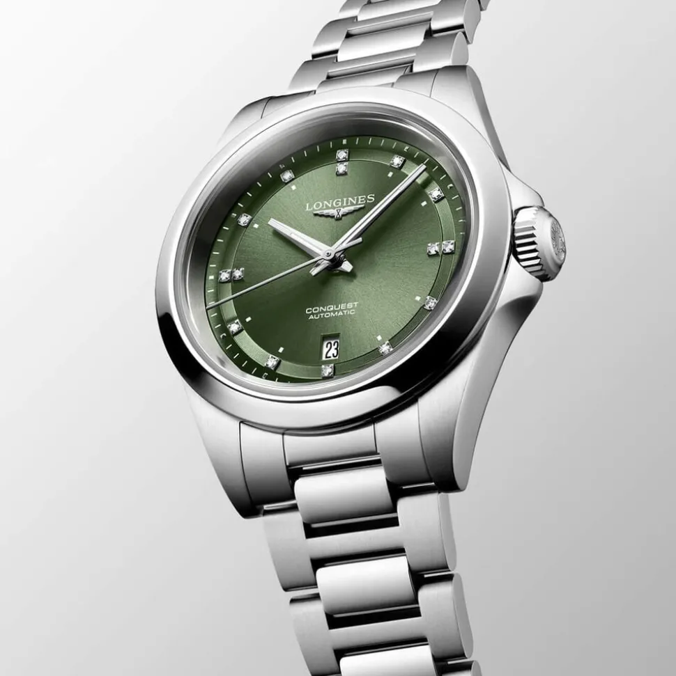 Longines Conquest 30mm Green Dial Diamond Dots Steel Bracelet Watch