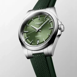Longines Conquest 38mm Green Dial Green Rubber Strap Watch