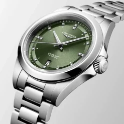 Longines Conquest 30mm Green Dial Diamond Dots Steel Bracelet Watch