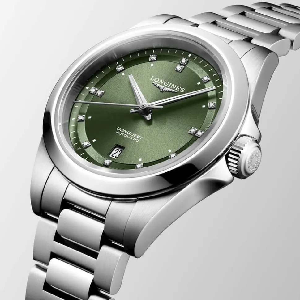 Longines Conquest 30mm Green Dial Diamond Dots Steel Bracelet Watch