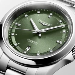Longines Conquest 30mm Green Dial Diamond Dots Steel Bracelet Watch