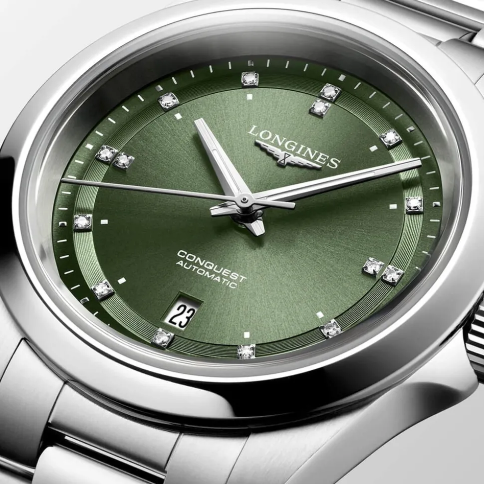 Longines Conquest 30mm Green Dial Diamond Dots Steel Bracelet Watch