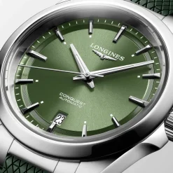 Longines Conquest 38mm Green Dial Green Rubber Strap Watch