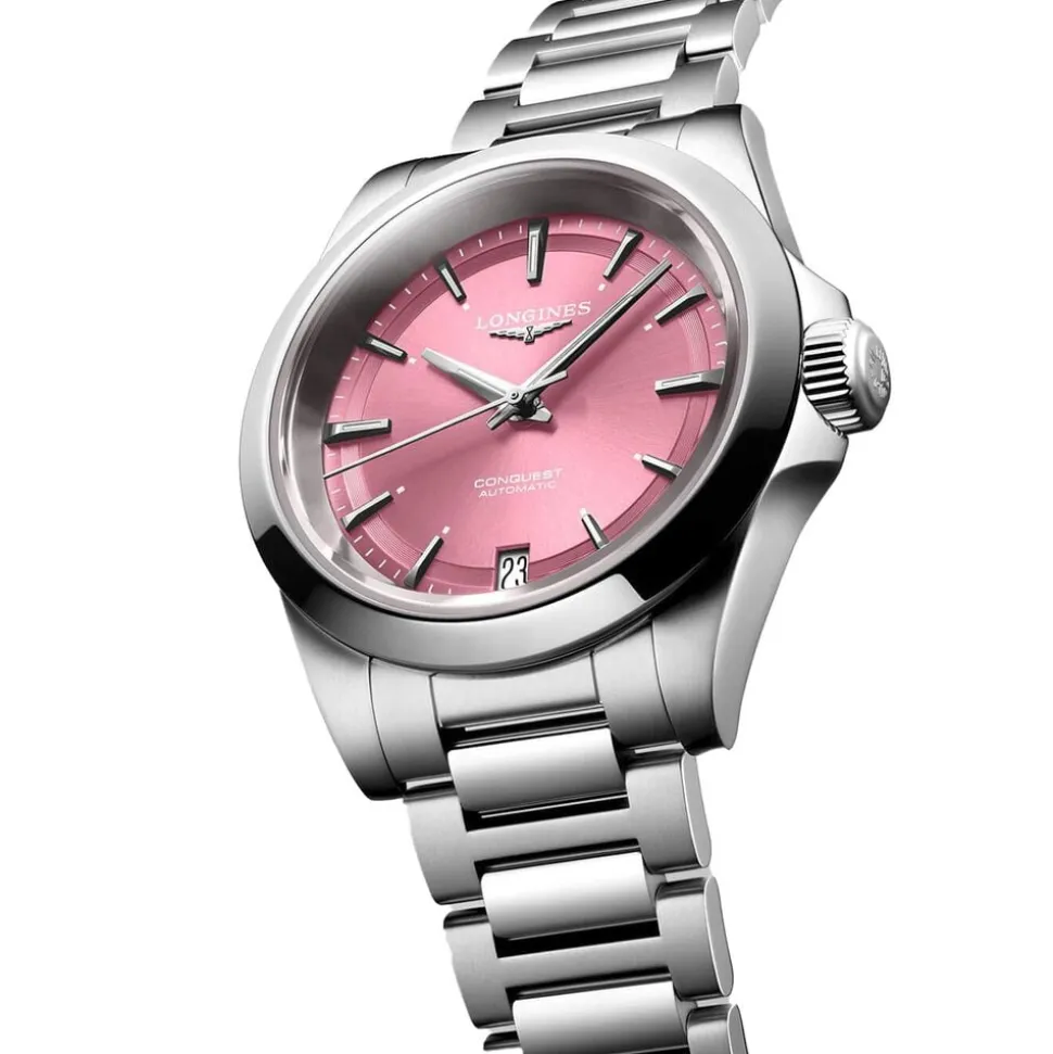 Longines Conquest 34mm Pink Dial Steel Bracelet Watch