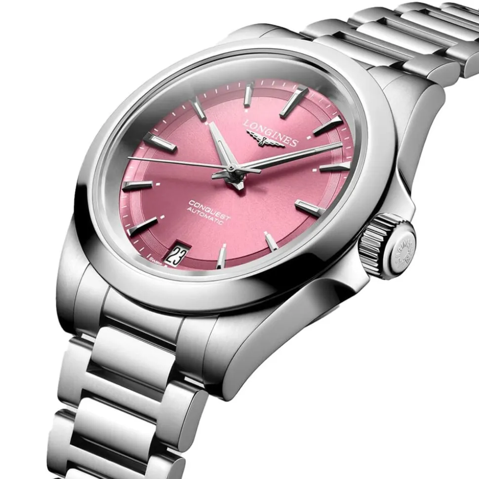 Longines Conquest 34mm Pink Dial Steel Bracelet Watch