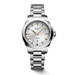 Longines Conquest 30mm Silver Dial Rose Gold Hands Steel Bracelet Watch