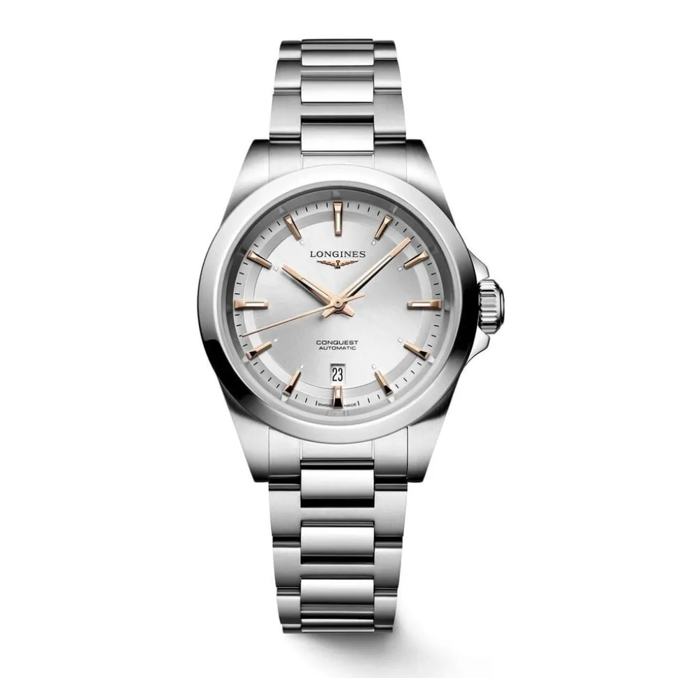 Longines Conquest 30mm Silver Dial Rose Gold Hands Steel Bracelet Watch