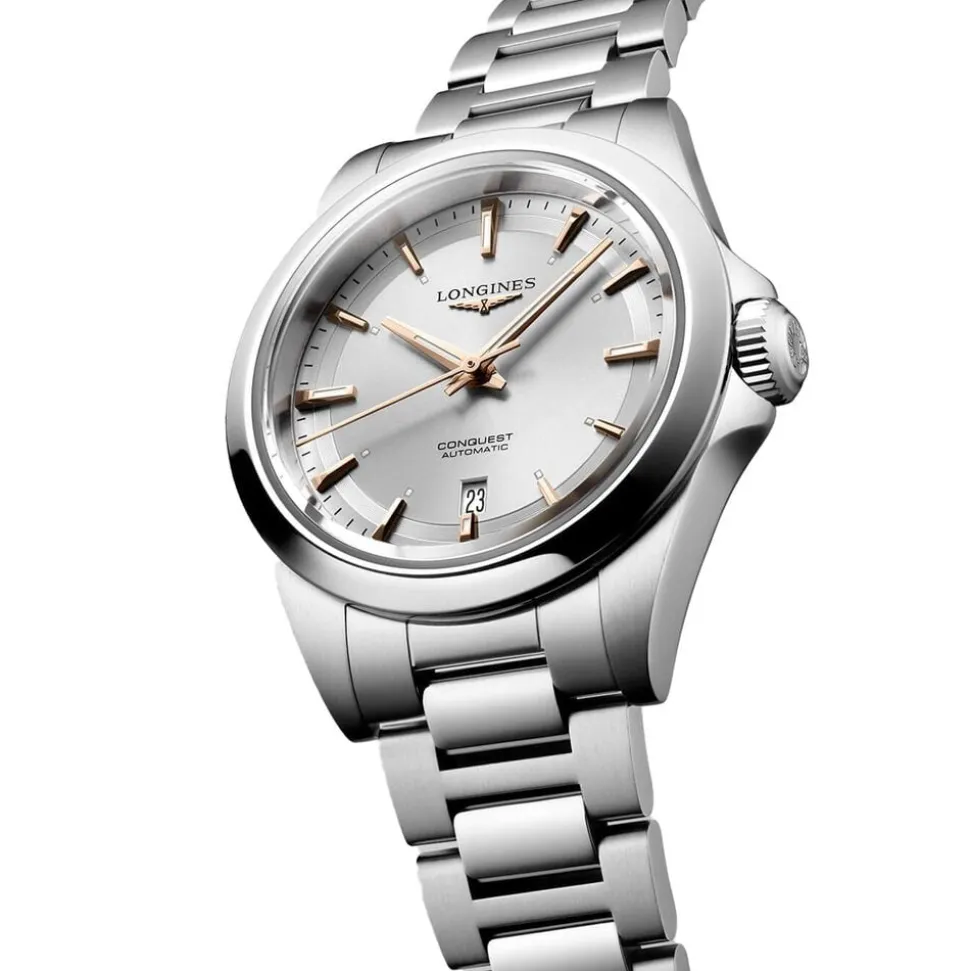 Longines Conquest 30mm Silver Dial Rose Gold Hands Steel Bracelet Watch