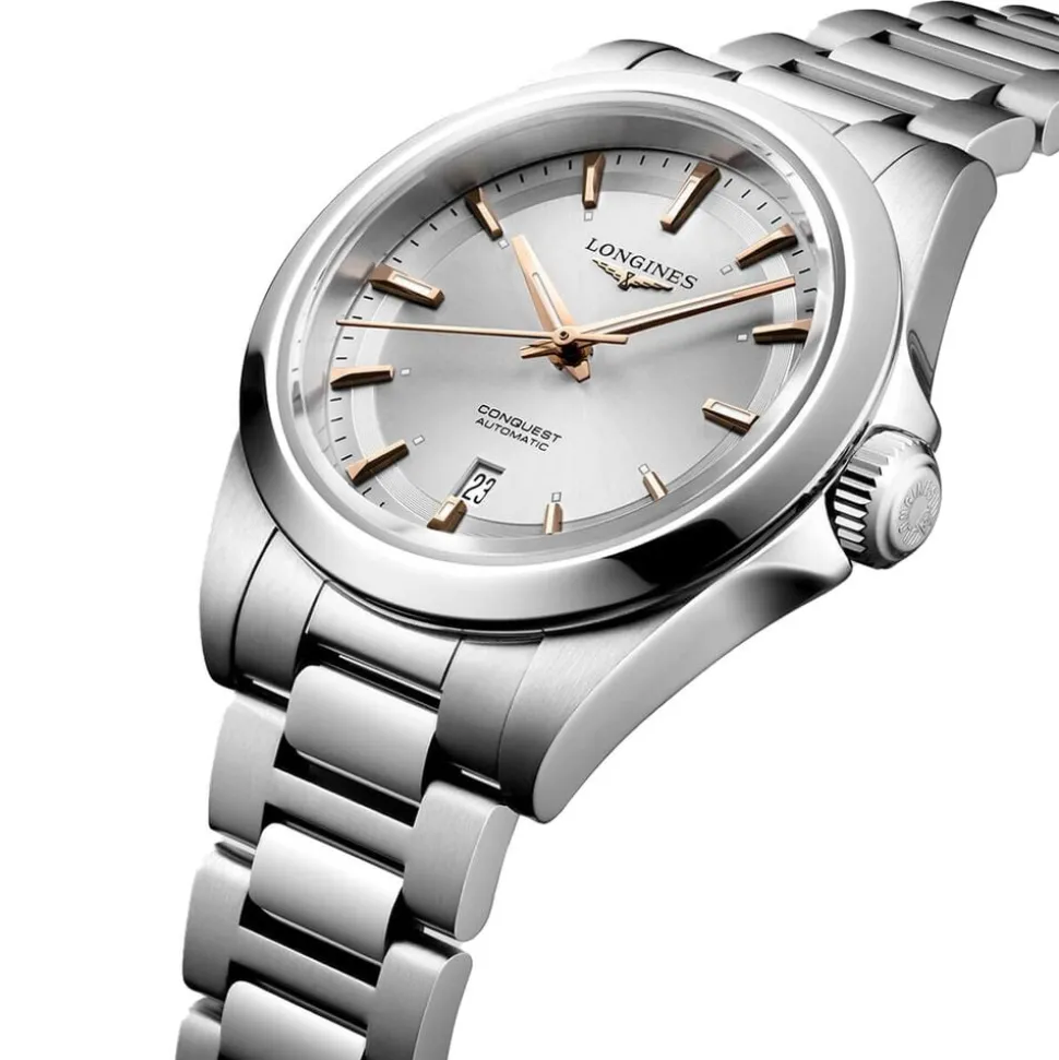 Longines Conquest 30mm Silver Dial Rose Gold Hands Steel Bracelet Watch