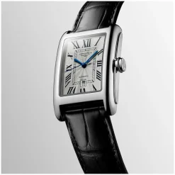 Longines DolceVita Silver Dial Roman Numerals Black Leather Strap Watch
