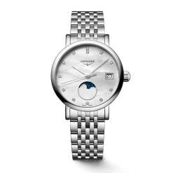 Longines Elegant 30mm MOP Dial Moonphase Diamond Dots Steel Bracelet Watch