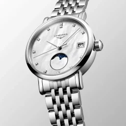 Longines Elegant 30mm MOP Dial Moonphase Diamond Dots Steel Bracelet Watch