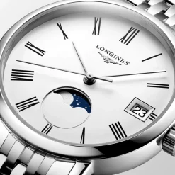 Longines Elegant 30mm White Dial Moonphase Steel Bracelet Watch