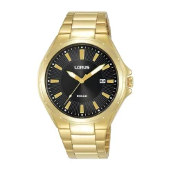Lorus Quartz Gents 40mm Black Sunray Dial Gold Tone Steel Bracelet Watch