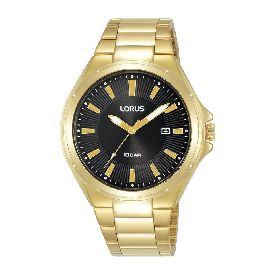 Lorus Quartz Gents 40mm Black Sunray Dial Gold Tone Steel Bracelet Watch