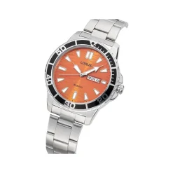 Lorus Quartz Gents 42mm Orange 'Seigaiha-mon' Dial Black Bezel Steel Bracelet Watch