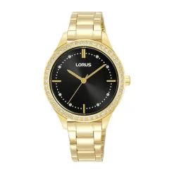 Lorus Quartz Ladies 33mm Black Dial Gold Tone Cubic Zirconia Set Bezel Steel Bracelet Watch