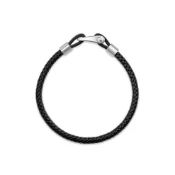 Men's Steel & Black Leather Plait Bracelet