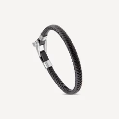 Men's Steel & Black Leather Plait Bracelet