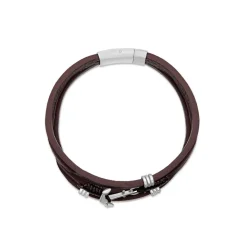 Men's Steel & Brown Leather Triple Wrap Anchor Bracelet