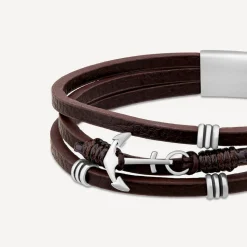 Men's Steel & Brown Leather Triple Wrap Anchor Bracelet