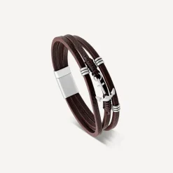 Men's Steel & Brown Leather Triple Wrap Anchor Bracelet