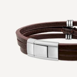 Men's Steel & Brown Leather Triple Wrap Anchor Bracelet