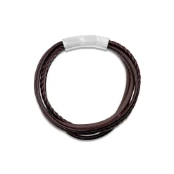 Men's Steel & Brown Multi Wrap Leather Plait Bracelet