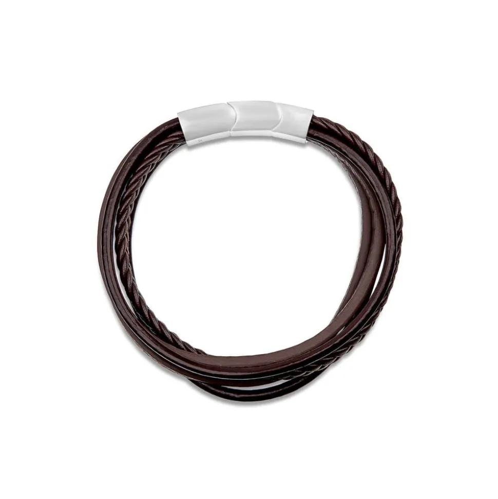 Men's Steel & Brown Multi Wrap Leather Plait Bracelet