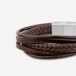 Men's Steel & Brown Multi Wrap Leather Plait Bracelet