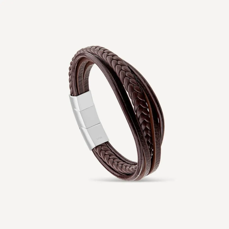 Men's Steel & Brown Multi Wrap Leather Plait Bracelet