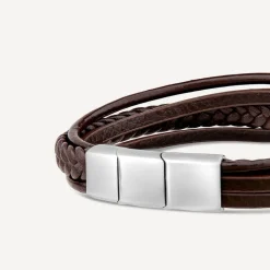 Men's Steel & Brown Multi Wrap Leather Plait Bracelet