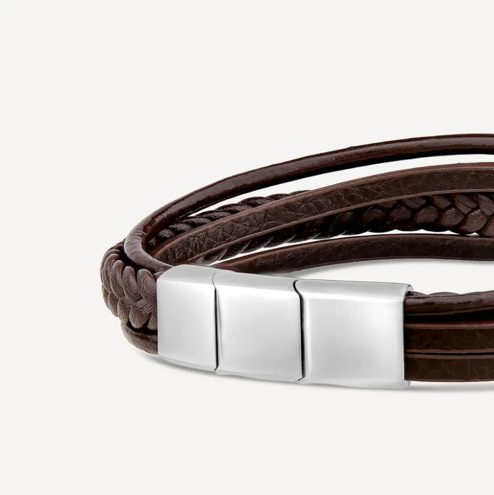 Men's Steel & Brown Multi Wrap Leather Plait Bracelet