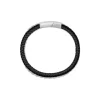 Mens's Black Leather & Steel Double Bracelet