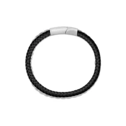 Mens's Black Leather & Steel Double Bracelet