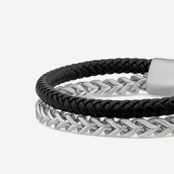 Mens's Black Leather & Steel Double Bracelet