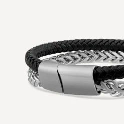 Mens's Black Leather & Steel Double Bracelet