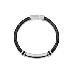 Mens's Steel & Black Leather White Stitching Bracelet