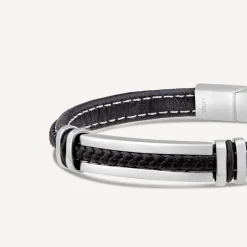 Mens's Steel & Black Leather White Stitching Bracelet