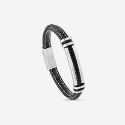 Mens's Steel & Black Leather White Stitching Bracelet