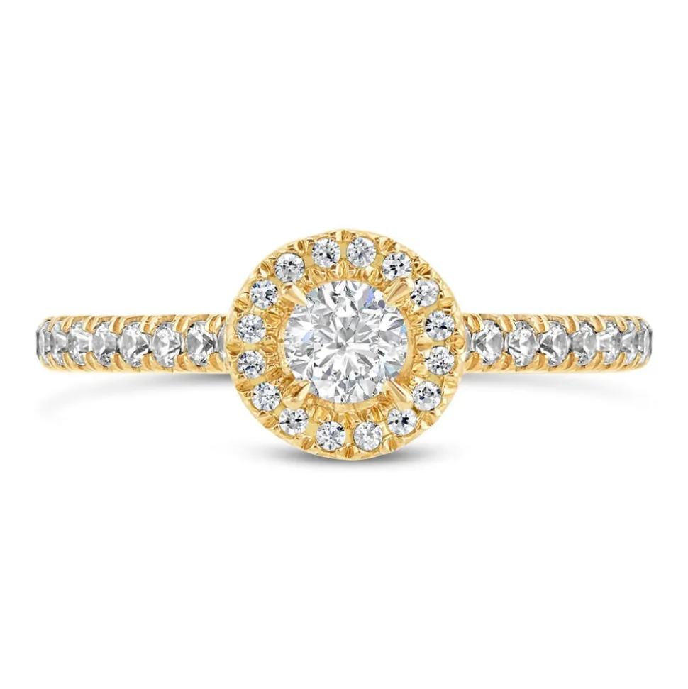 Northern Star 0.45ct Round Solitaire Diamond Halo Diamond Shoulders 18ct Yellow Gold