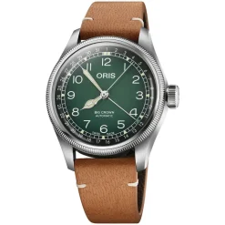 Oris Big Crown 38mm Green Dial Steel Case Tan Strap Watch