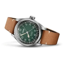 Oris Big Crown 38mm Green Dial Steel Case Tan Strap Watch